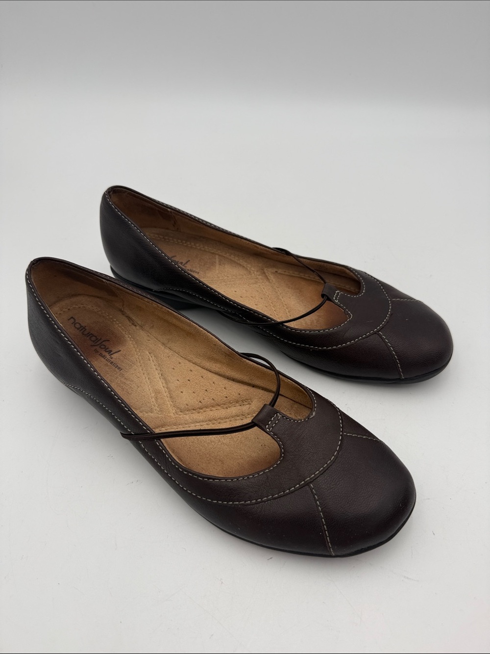 Naturalizer Brown Leather Mary Jane Flats Elastic Strap women 9.5M casual  y2k
